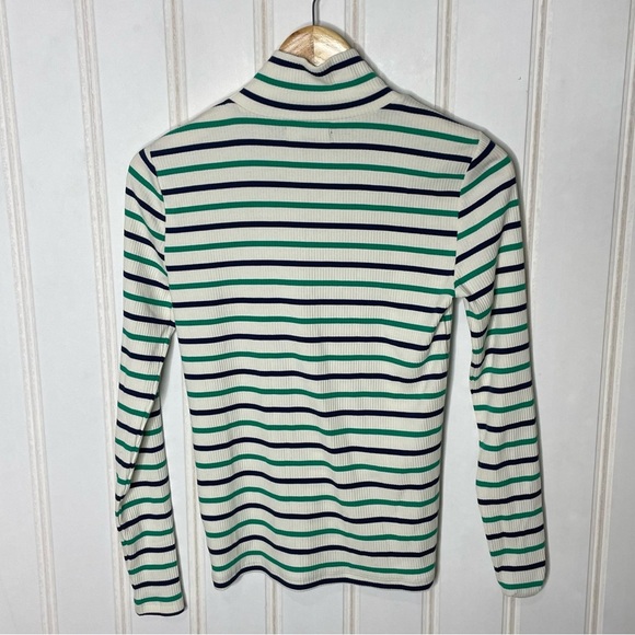 J Crew Women Vintage Rib Green Ivory Striped Turtleneck Gold Buttons XS 644 - Picture 8 of 8
